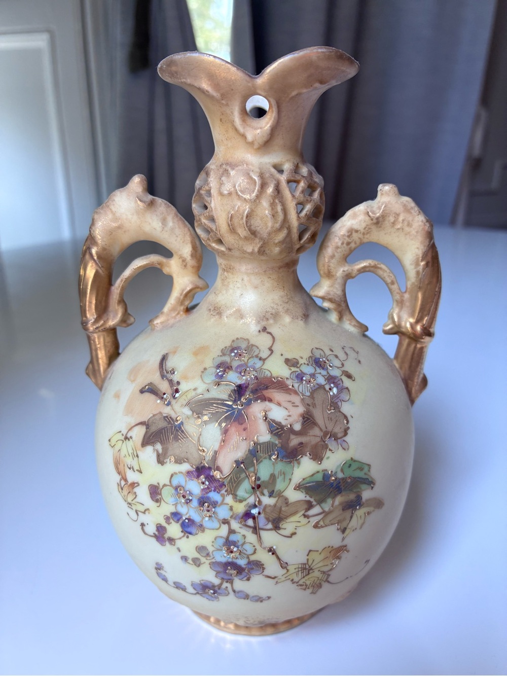 Turn Teplitz Bohemia Ornate Hand-painted Floral Double-Handled Vase